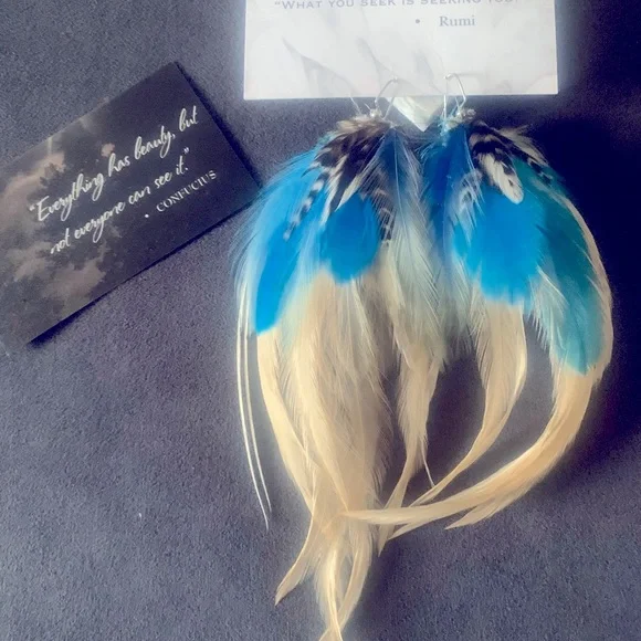 Blue White Cream Genuine Leather Festival Earrings NWT - Picture 2 of 11